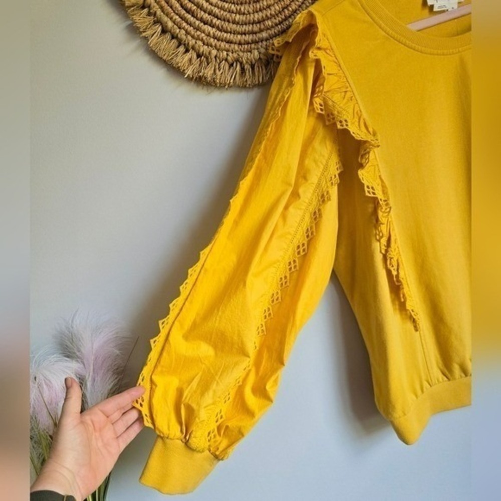 Anthropologie NEW Marigold Yellow Eyelet Ruffle Sleeve Sweatshirt SZ XL Cottage - Picture 6 of 14